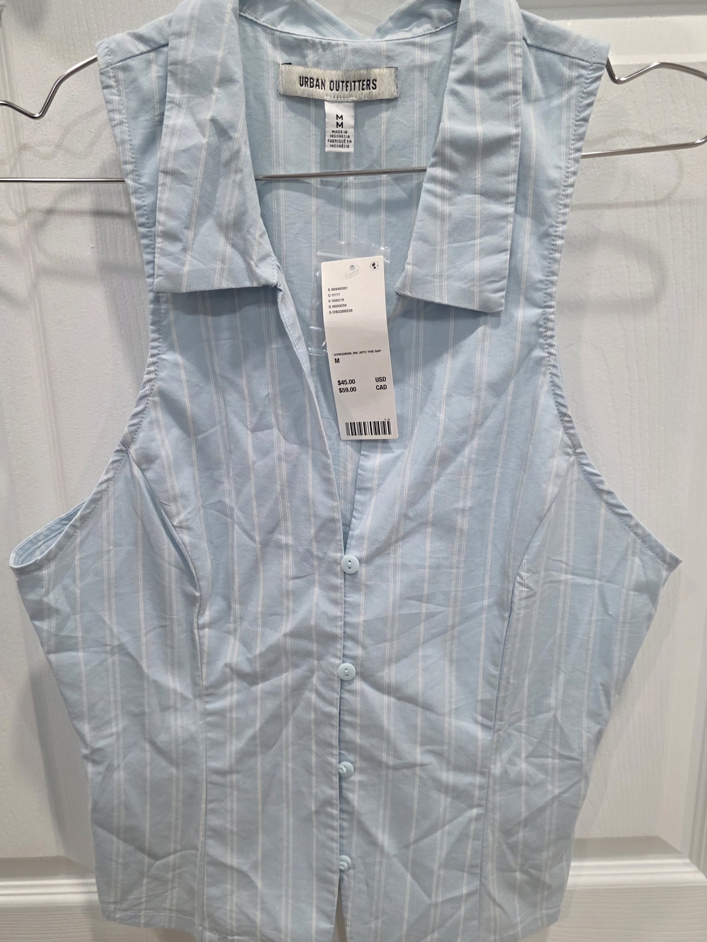 Urban Outfitters Light Blue Striped Button Front Sleeveless Shirt
